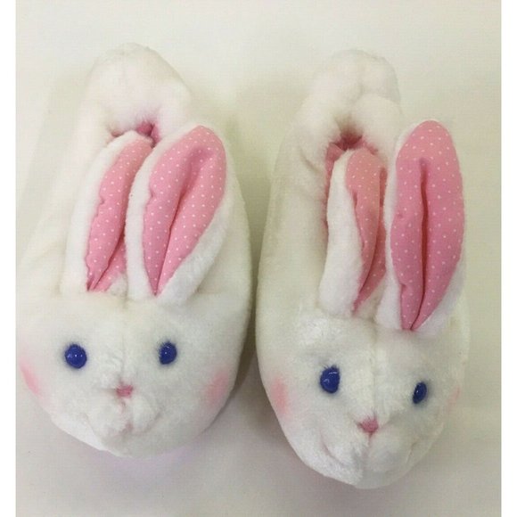 TEDDY TOES PLUSH SLIPPERS White Blue Eyed Bunnies- Rabbit Shoes - Picture 1 of 5